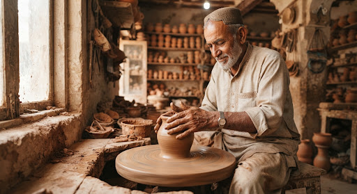 Ustad Allah Bux shaping blue ceramics
